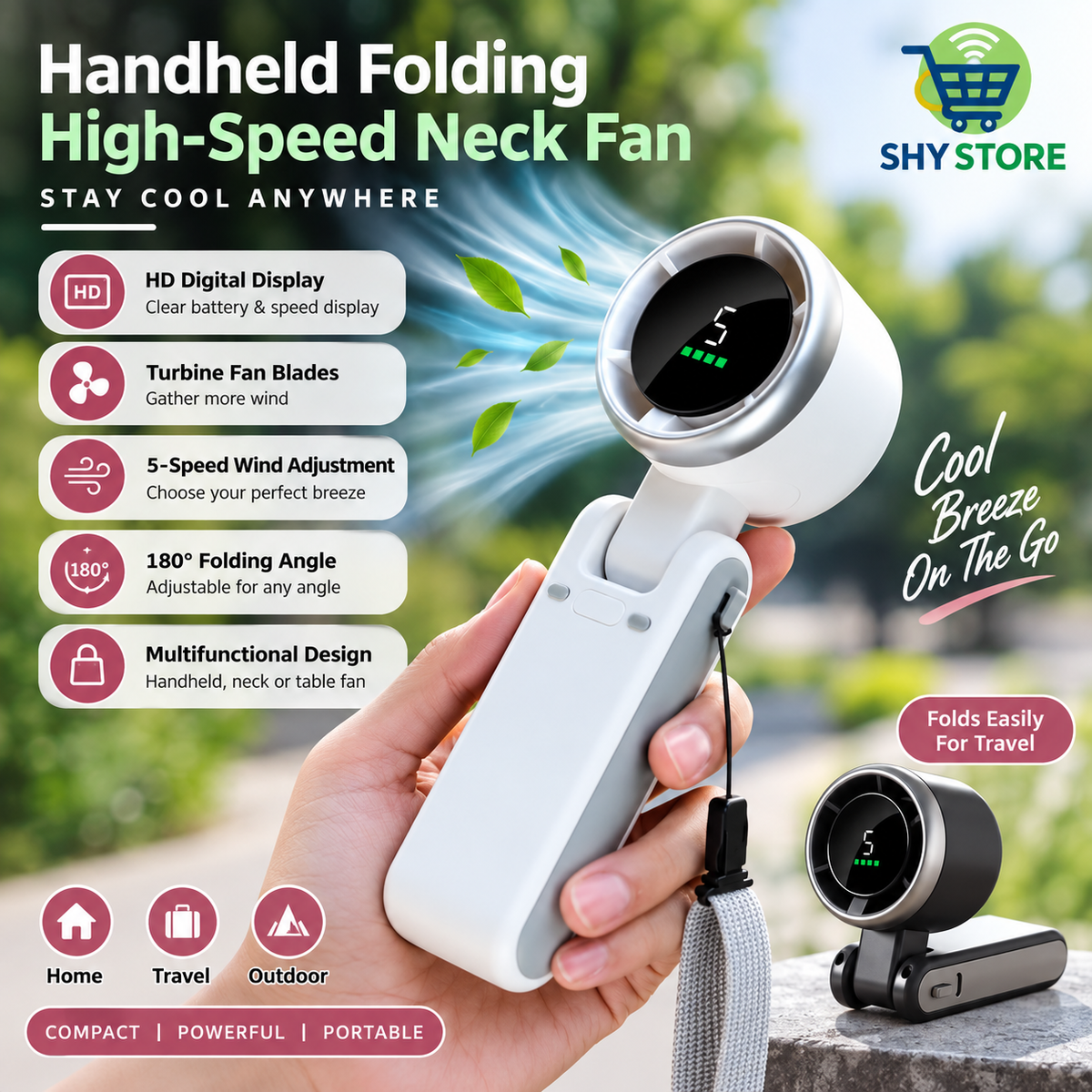 Handheld Folding Turbo Fan With 5 Speed Adjustment Portable Rechargeable Cooling Device